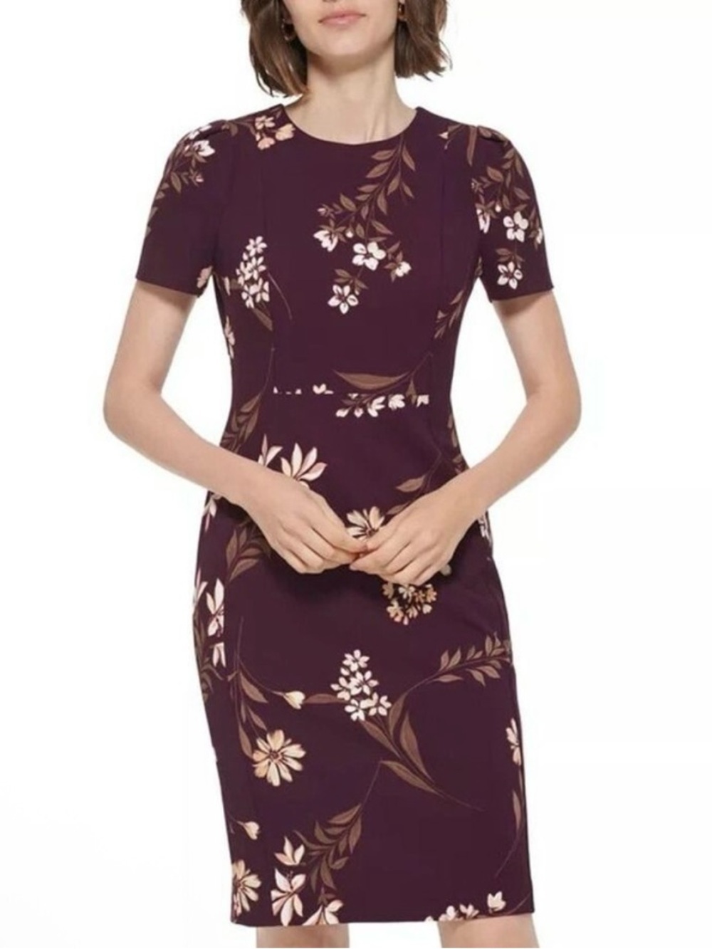 Calvin Klein Scuba Dress Plum Cream Floral Women’s Sz 6P